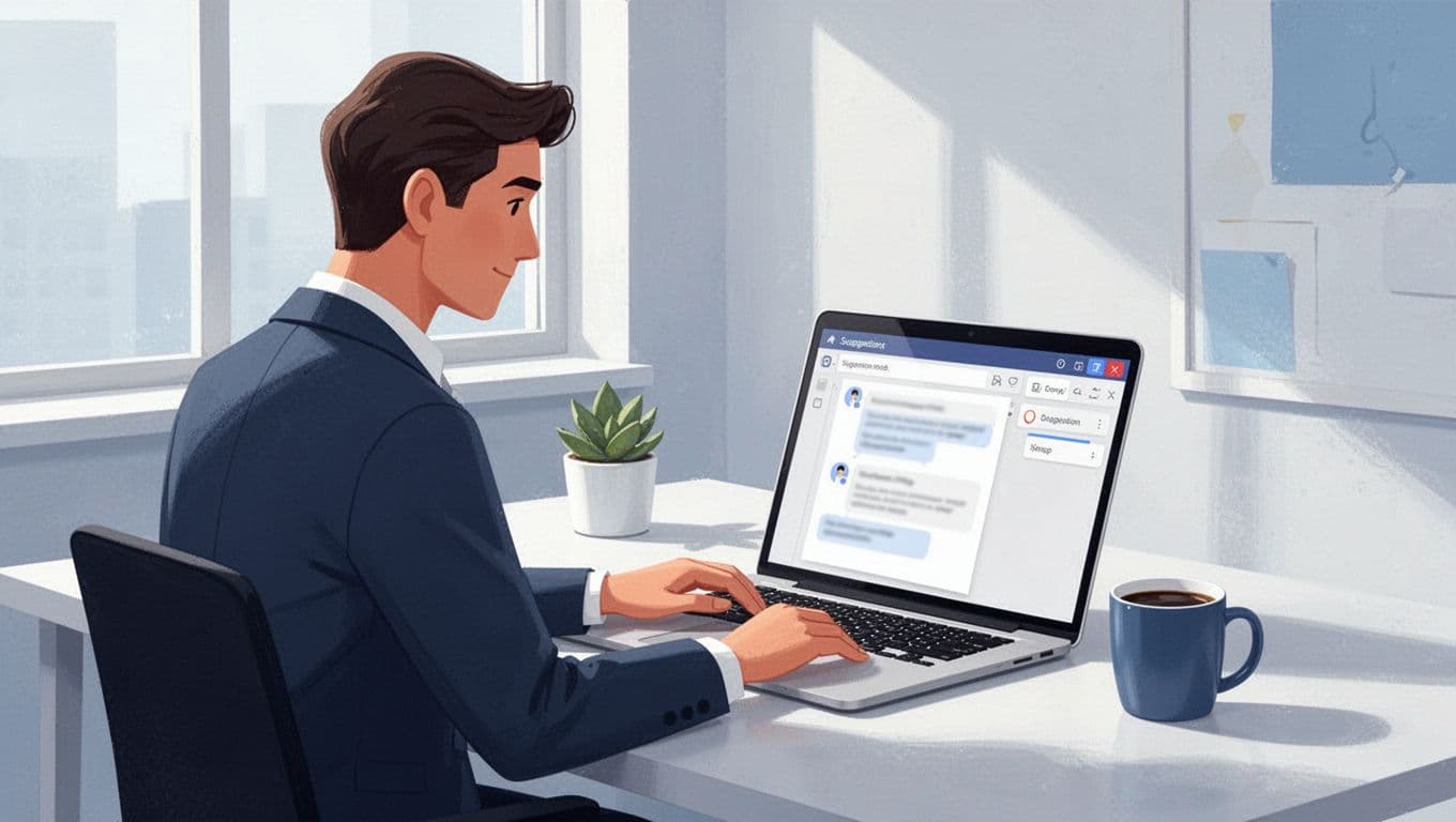 Modern illustration of a professional at a desk reviewing a Google Doc on a laptop with suggestion mode active and blurred comments, coffee mug nearby, in clean shapes with blues, whites, and soft yellows.