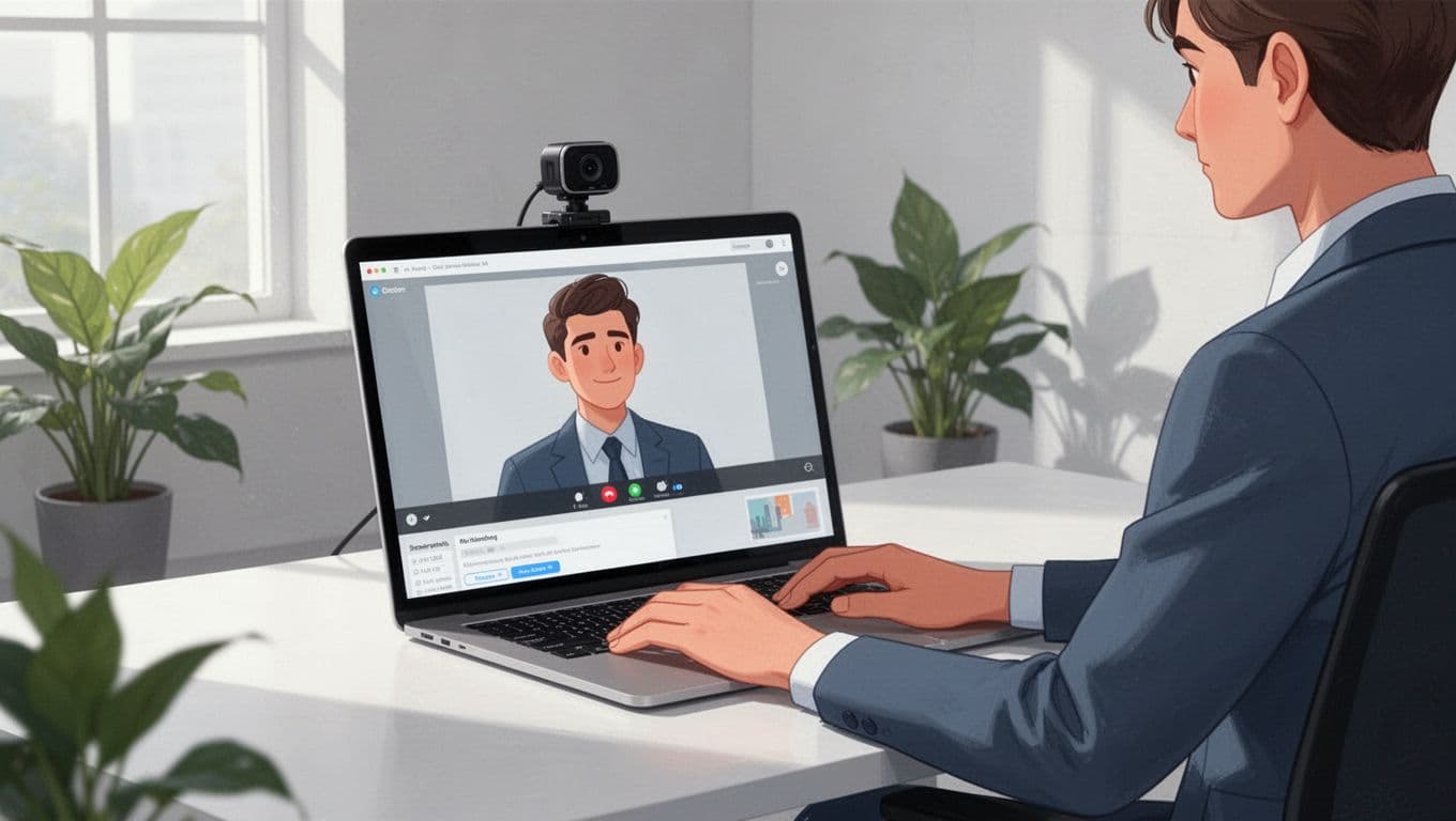 An agency professional at a clean modern desk records their laptop screen and webcam for a client training video in a simple office with plants, focused close-up composition and soft daylight lighting.