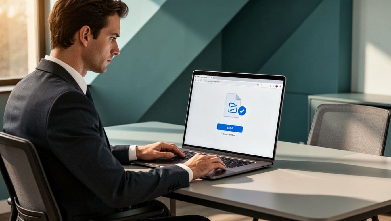 Modern illustration of a professional at a desk reviewing a compressed PDF report on screen next to an email send button with small file icon, in a sleek office environment emphasizing satisfaction of fast delivery.