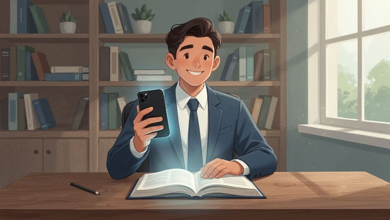 An adult professional holds a smartphone over an open textbook on a wooden desk, emitting a subtle scanning glow on the page, with a satisfied smile in a cozy study setting.