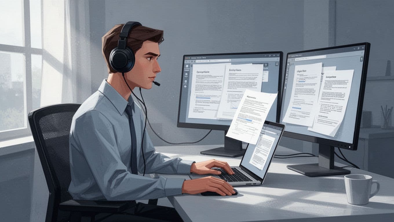 Modern illustration of a busy professional in a home office wearing headphones, listening to text-to-speech audio from a laptop while reviewing documents on a second screen. Clean blue and gray palette with focus on the person and devices.