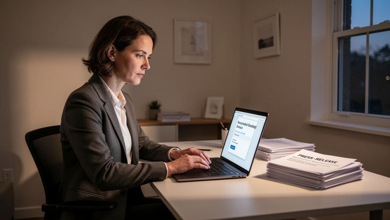 Modern illustration of a professional thoughtfully typing a personalized outreach email on a laptop in a cozy home office, with press release notes on the desk and soft evening light creating a relaxed vibe.