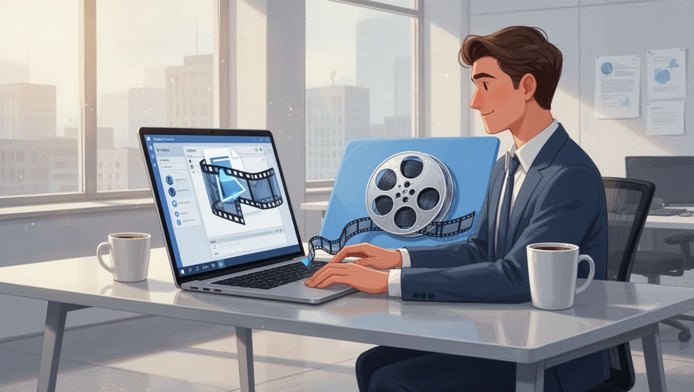 A professional sits relaxed at a modern desk in a bright office, uploading a large video file shown as a film reel icon to Google Drive on an angled laptop screen, with a coffee mug nearby and warm natural lighting in a clean blues-and-whites illustration style.