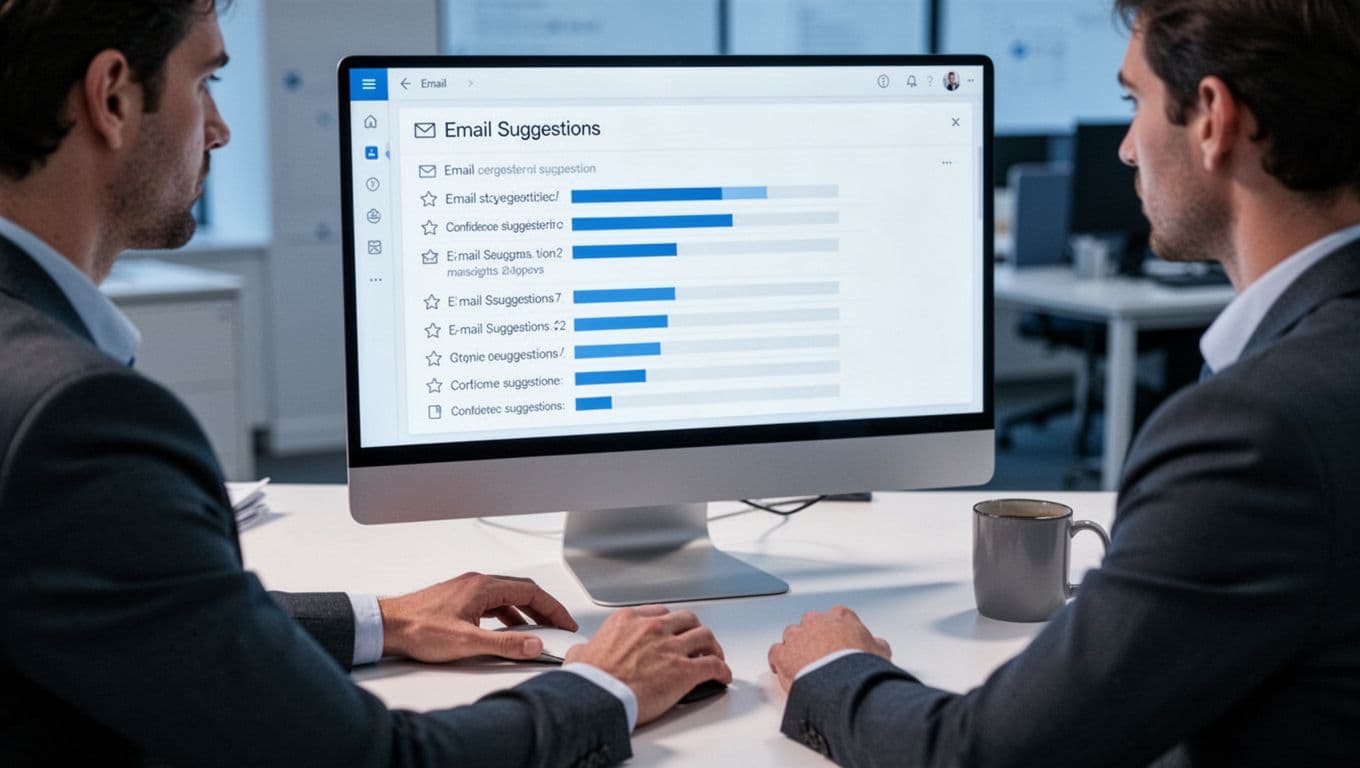 Modern illustration of a single professional at a simple workspace viewing Hunter.io email finder results on a computer screen, with suggested emails and subtle confidence scores, coffee mug nearby, in controlled blue and white tones focusing on the discovery moment.