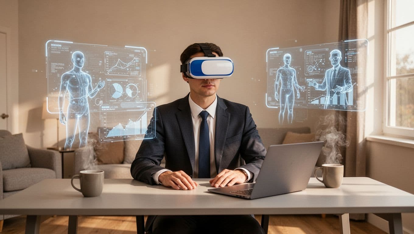 Business professional at modern desk with laptop and coffee, wearing VR headset for virtual team collaboration; holographic avatars of two colleagues visible nearby discussing charts, hands relaxed on desk, warm natural daylight, modern illustration style.