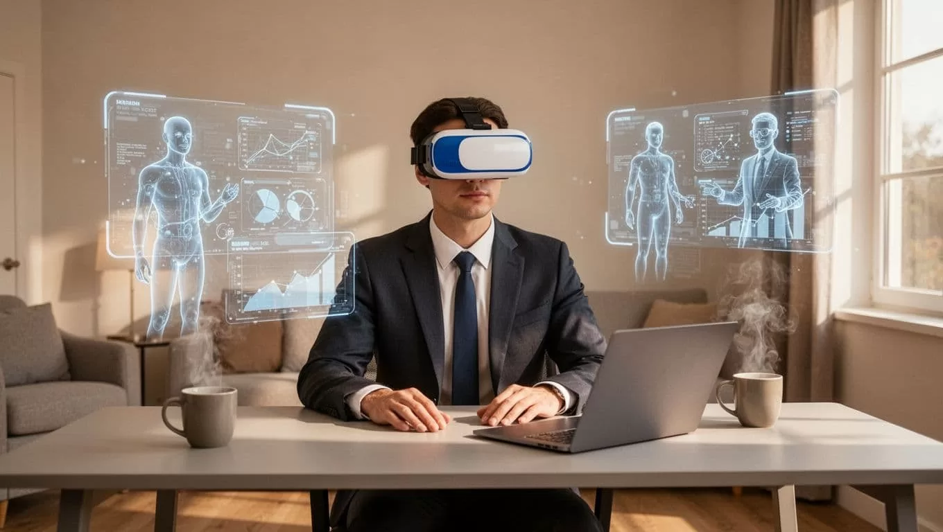 Business professional at modern desk with laptop and coffee, wearing VR headset for virtual team collaboration; holographic avatars of two colleagues visible nearby discussing charts, hands relaxed on desk, warm natural daylight, modern illustration style.