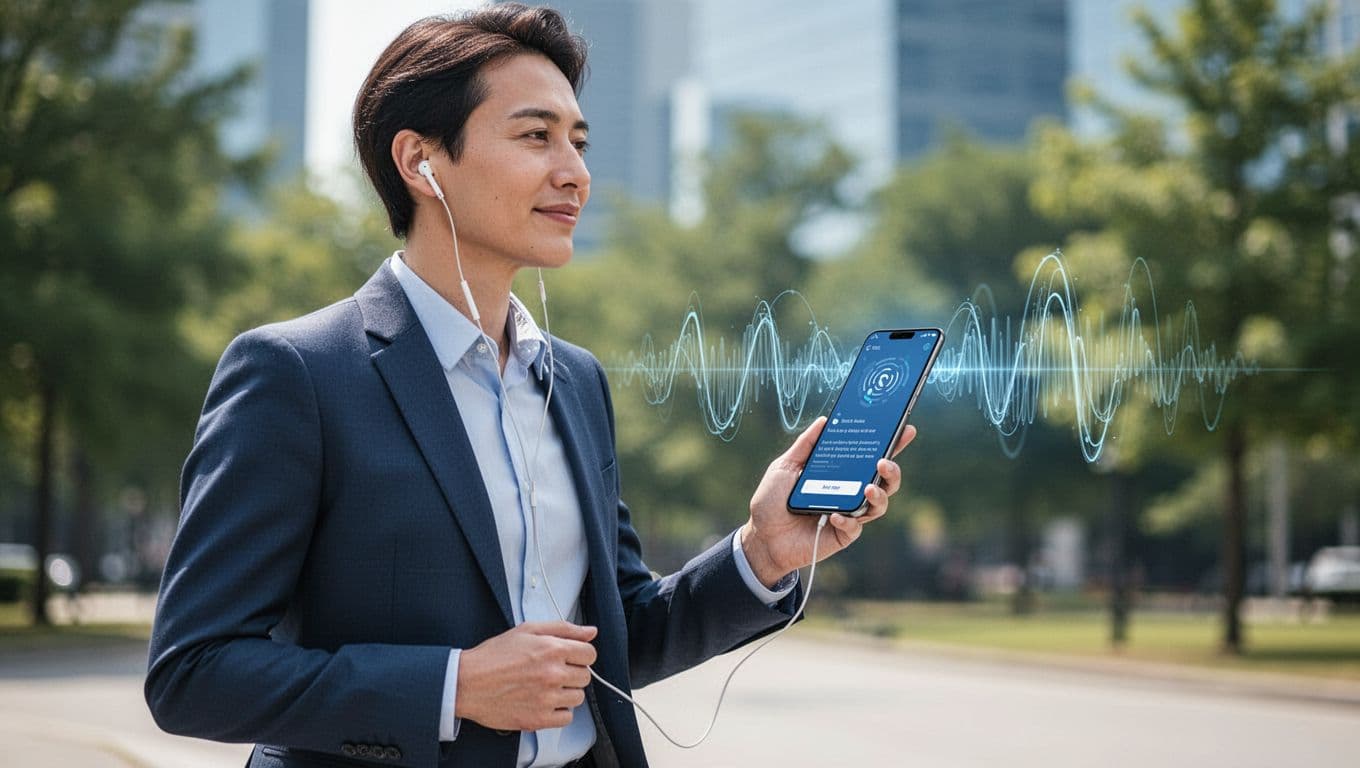Modern illustration of a professional walking outdoors, holding a smartphone with audio waves converting notes to speech, wearing earbuds, relaxed posture in natural daylight.