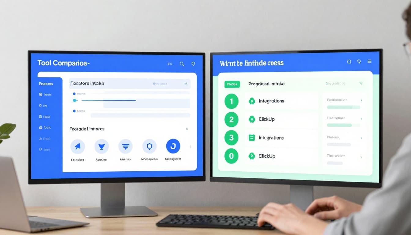 Modern illustration in a clean blue-green palette depicting a comparison dashboard for project intake tools like monday.com, Asana, and ClickUp, with charts highlighting features such as forms, automation, and integrations. Set on an office desk with one relaxed person reviewing the screen under natural lighting.