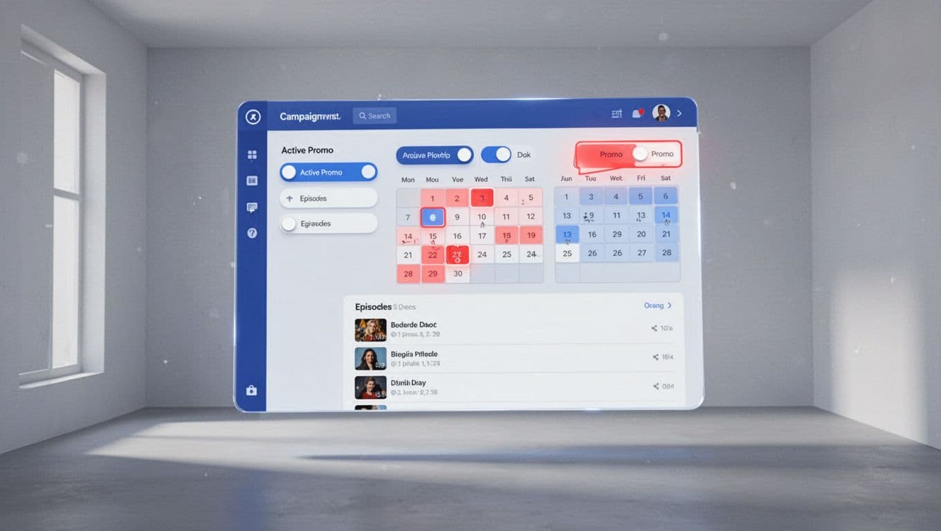 Floating screen in empty room displays clean blue-white dashboard with campaigns list, highlighted dates, and episode list.