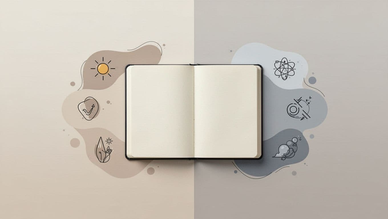 Modern split-screen illustration showing pros and cons icons for meeting notes apps, with checkmarks and warning symbols balanced around a central notebook in clean neutral tones.