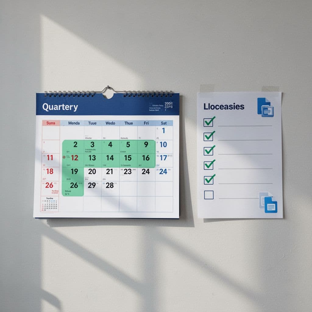Modern illustration of a wall calendar reminder for quarterly file access audit, featuring a checklist with checkmarks and subtle shared file icons in a simple office setting. Clean shapes, strong composition, and a controlled blue-green palette emphasize planning and routine reviews.