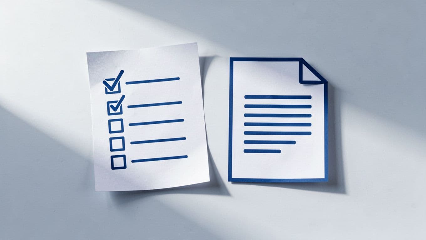 Modern illustration of a paper checklist next to a clean Word document icon in a simple desk setup, featuring bullet points like author name removed and comments cleared, using clean shapes in blue and white palette with soft lighting.