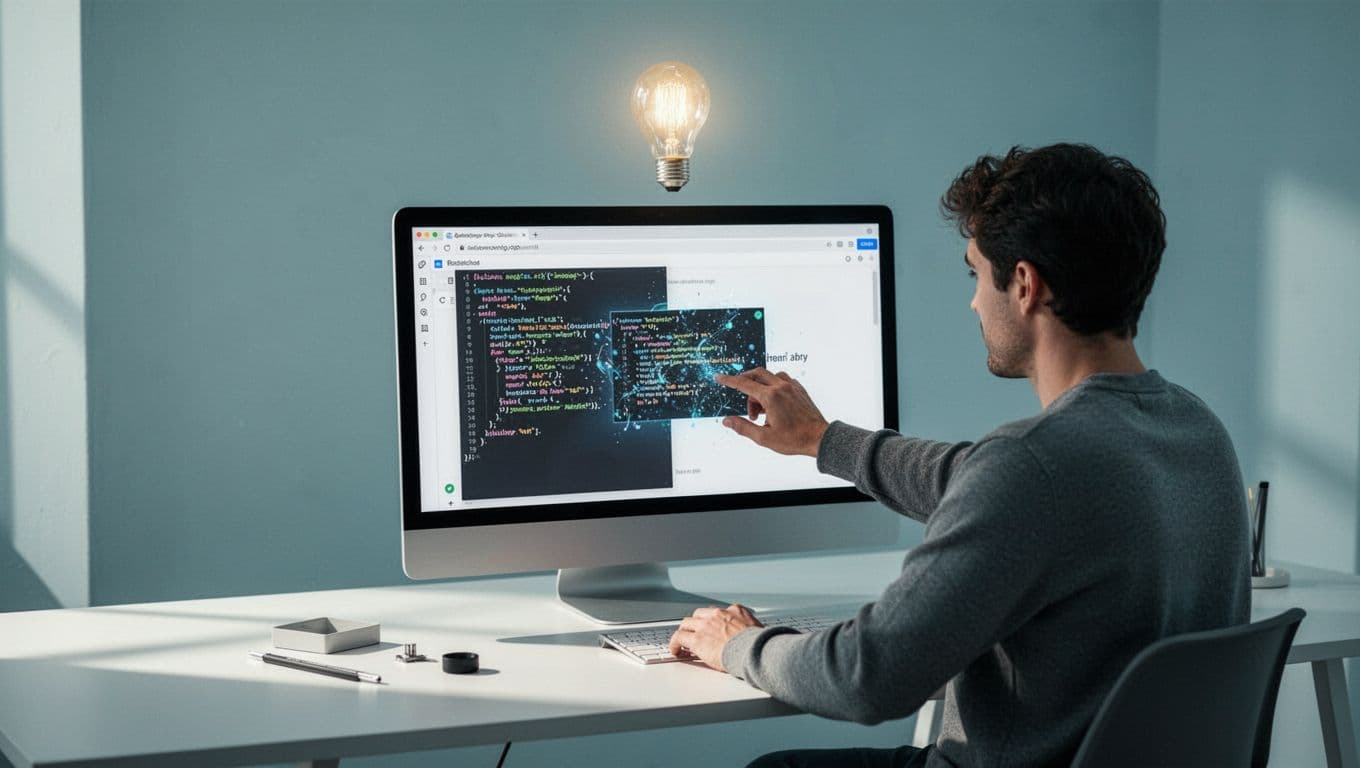 Modern illustration depicting a person dragging a simple code snippet into a website editor with a lightbulb idea above their head, in a clean workspace with minimal tools.