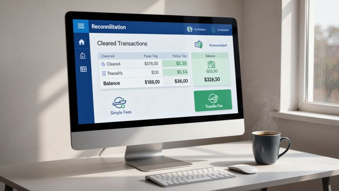 Modern illustration of QuickBooks reconciliation screen showing cleared transactions and Wise balances, with fee and transfer icons on a desk with coffee mug.