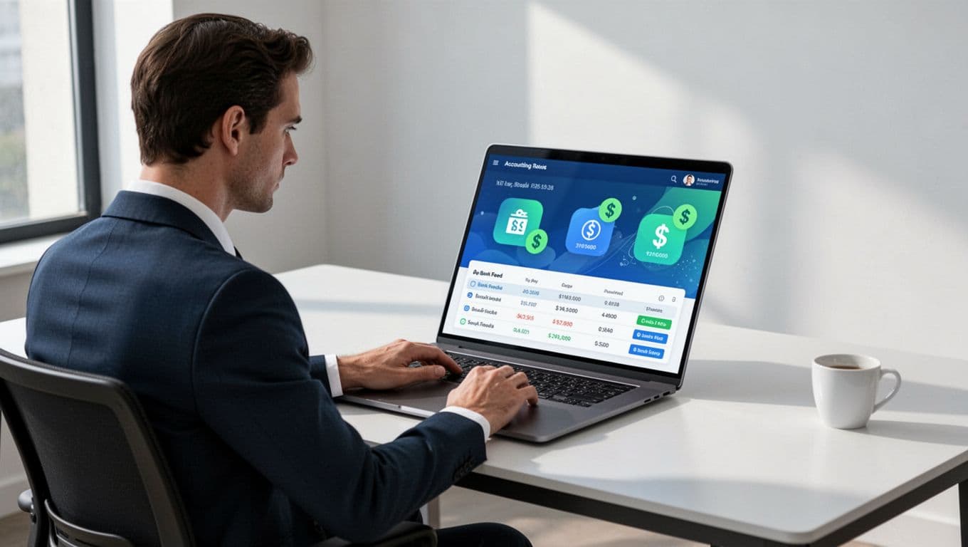 Modern illustration of a single accountant at a modern desk reviewing a QuickBooks dashboard to match incoming Wise bank feed transactions, featuring clean shapes, blues and greens palette, abstract transaction icons on laptop, and soft office lighting.