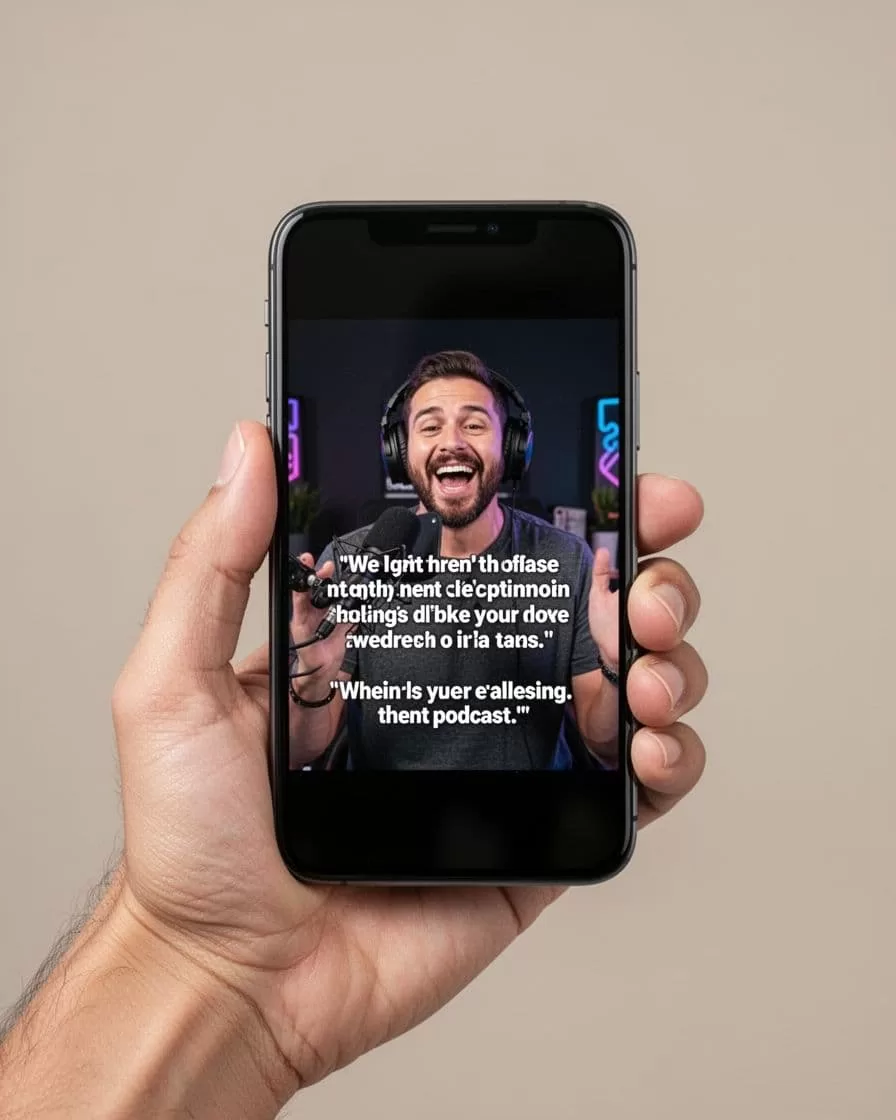 Clean illustration of a mobile phone screen displaying a vertical podcast promo video with bold white subtitles 'Boost your podcast now' on dark background footage of an energetic host, exemplifying best practices for subtitle readability.
