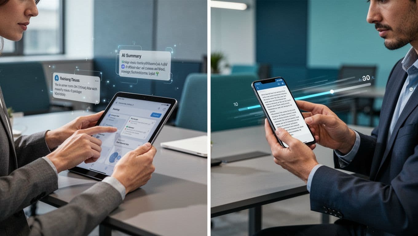 Split composition of two professionals: left highlighting on tablet with AI summary floating notes, right reading clean article on phone with speed control slider. Modern office in blues, teals, grays with balanced design.