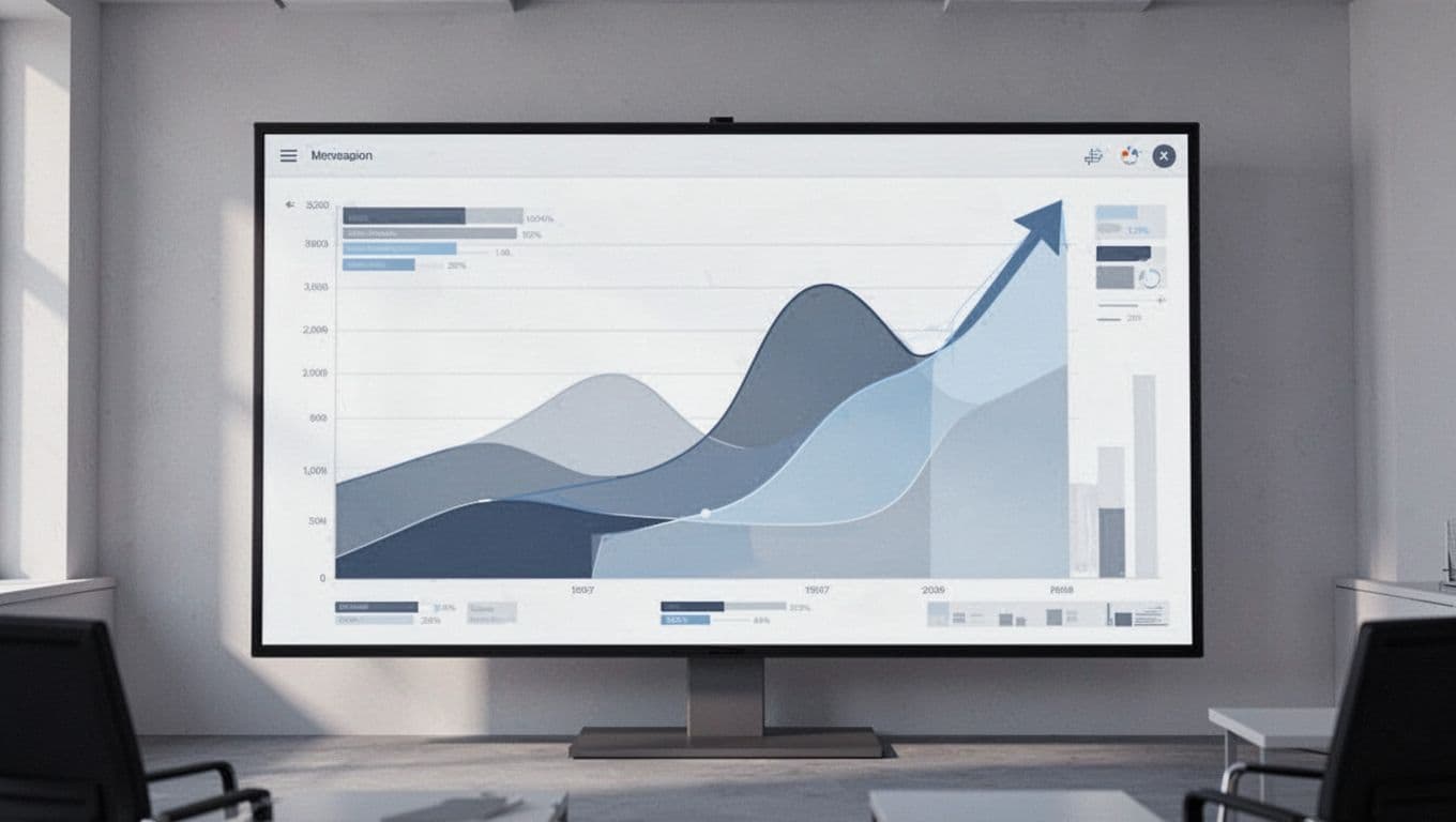 Modern illustration of a sleek dashboard on a large monitor displaying real-time A/B testing charts, graphs, and metrics for conversions and revenue with rising trends, in a clean style with cool blues, grays, and whites.