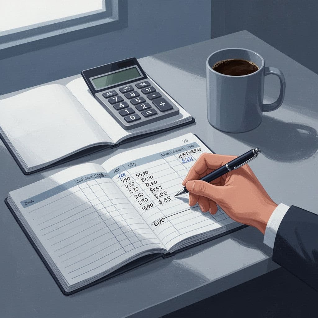 Modern illustration of an open notebook on a desk with a calculator and coffee mug, featuring a hand writing a Wise fee entry labeled 'Fee: $2.50' in a ledger.