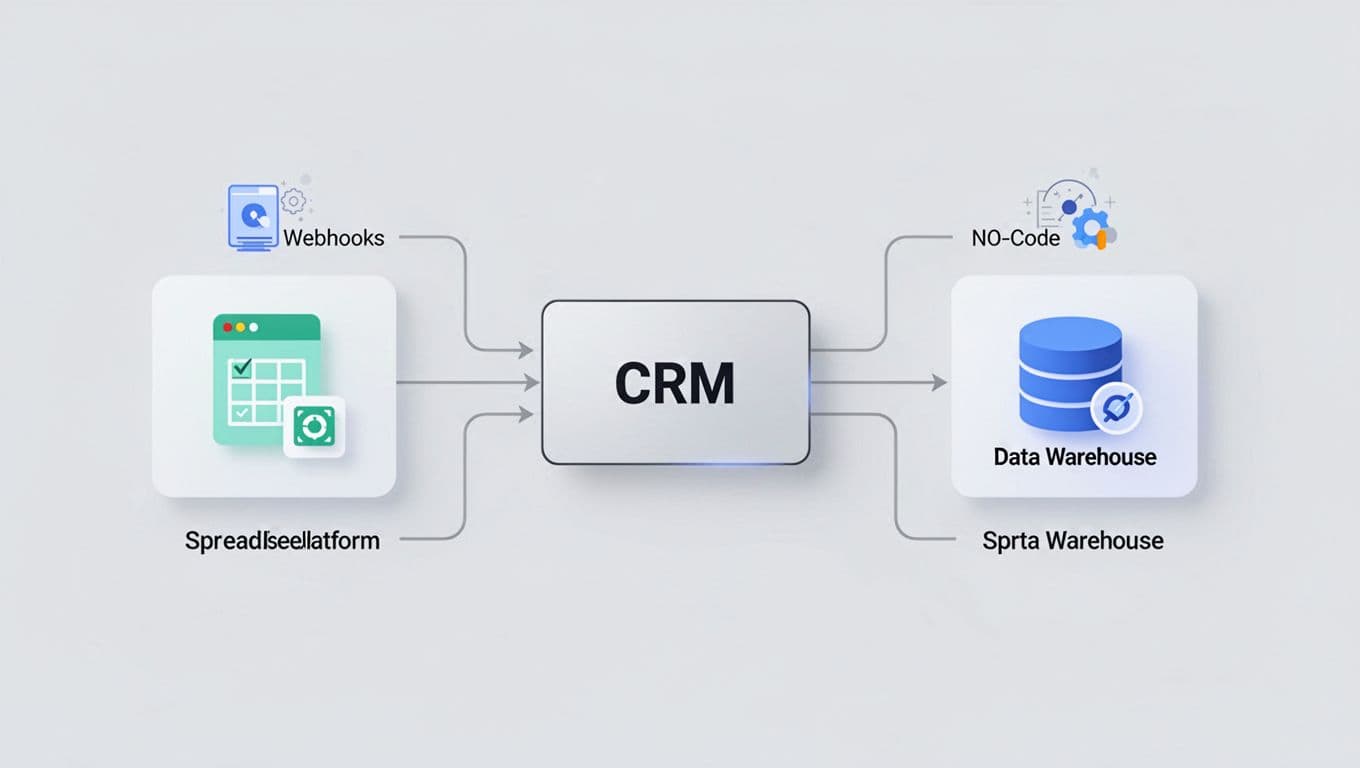 Flowchart diagram shows API calls exporting candidate data from Recruit CRM to Google Sheets and data warehouses via arrows and icons.