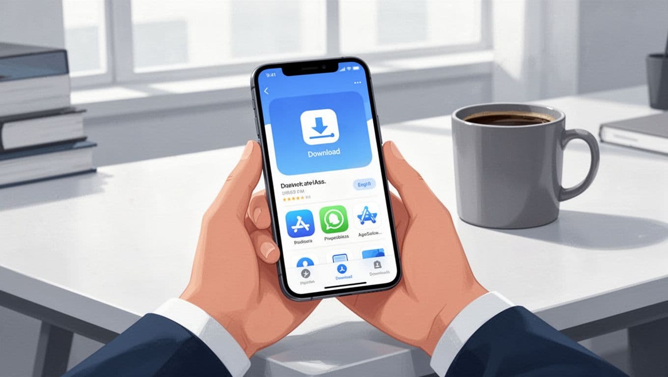 Hand holds smartphone showing Recruit CRM app store page on desk with coffee mug.