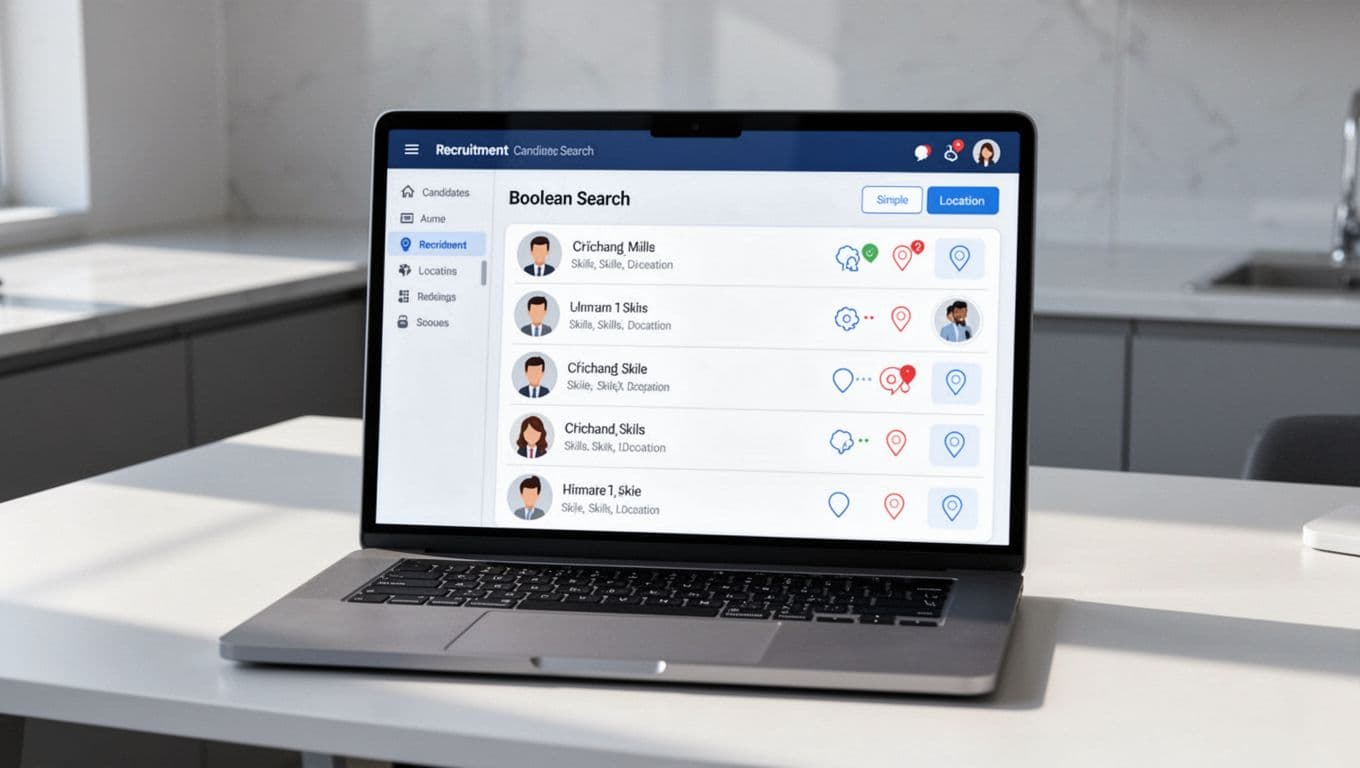 Laptop screen in modern workspace shows clean Recruit CRM dashboard with candidate profiles list and skill-location icons.