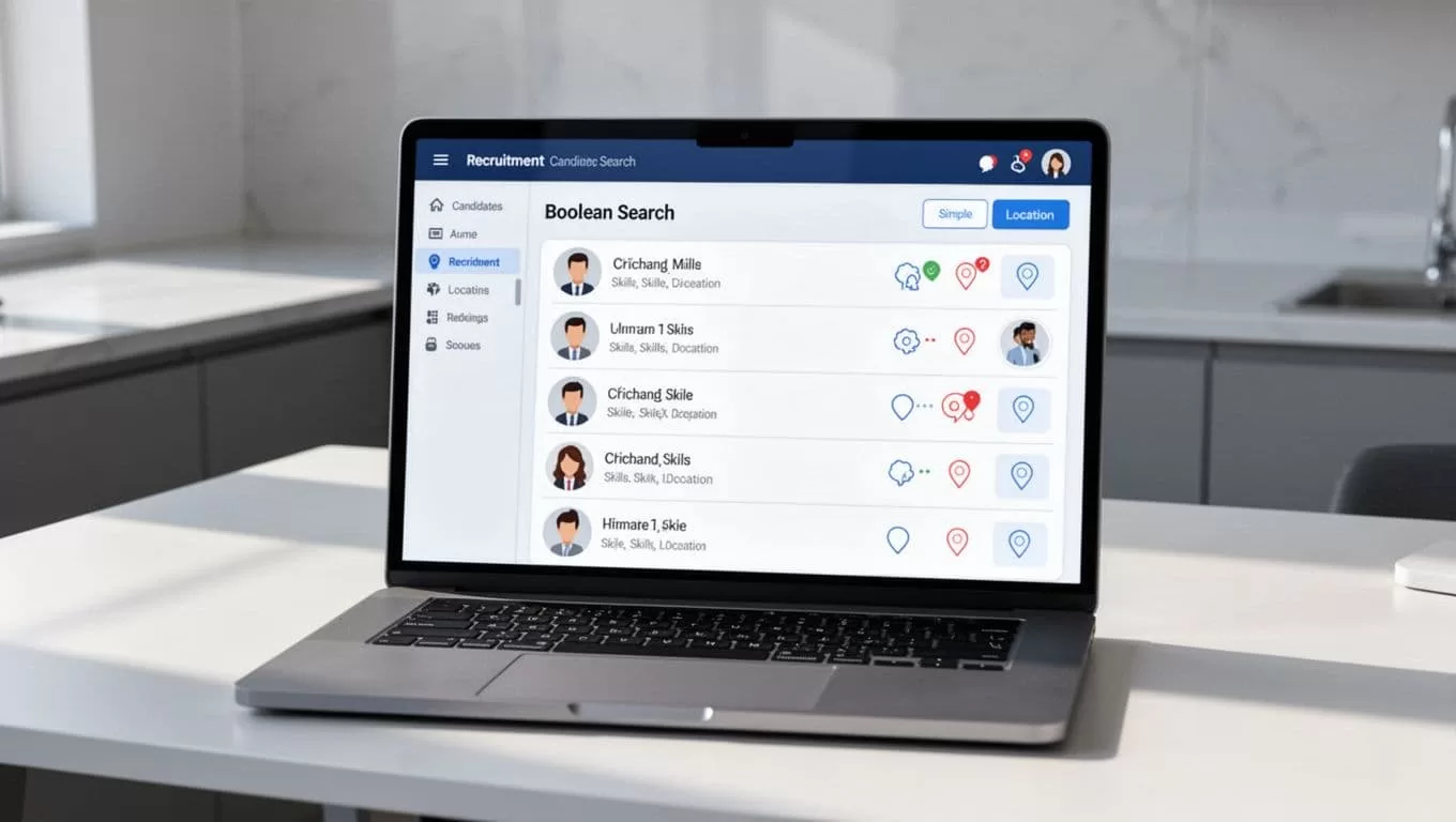 Laptop screen in modern workspace shows clean Recruit CRM dashboard with candidate profiles list and skill-location icons.
