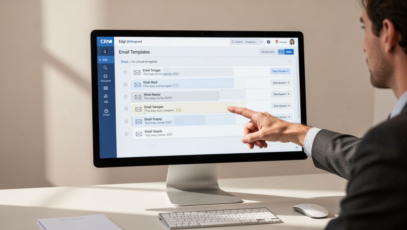 Recruit CRM dashboard shows email templates list with subtle placeholder highlights; relaxed recruiter hand points at screen on clean desk.