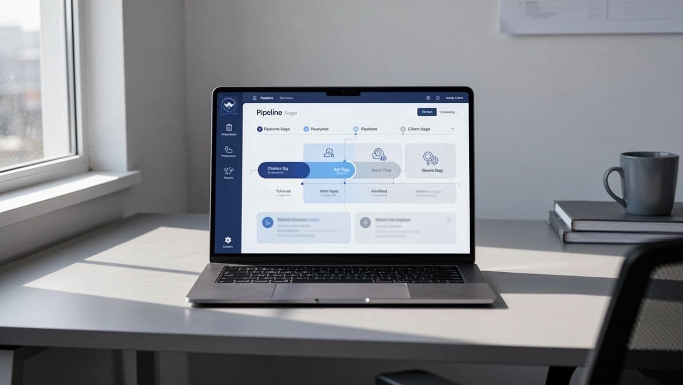 Laptop on modern desk in small office displays Recruit CRM dashboard with candidate pipeline stages and client tabs.