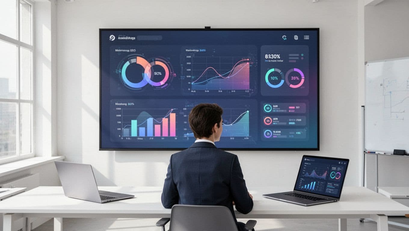 Modern illustration of a Recruit CRM dashboard overview featuring workflow status indicators and charts for tracked placements, with one recruiter monitoring on a large display in a bright workspace.