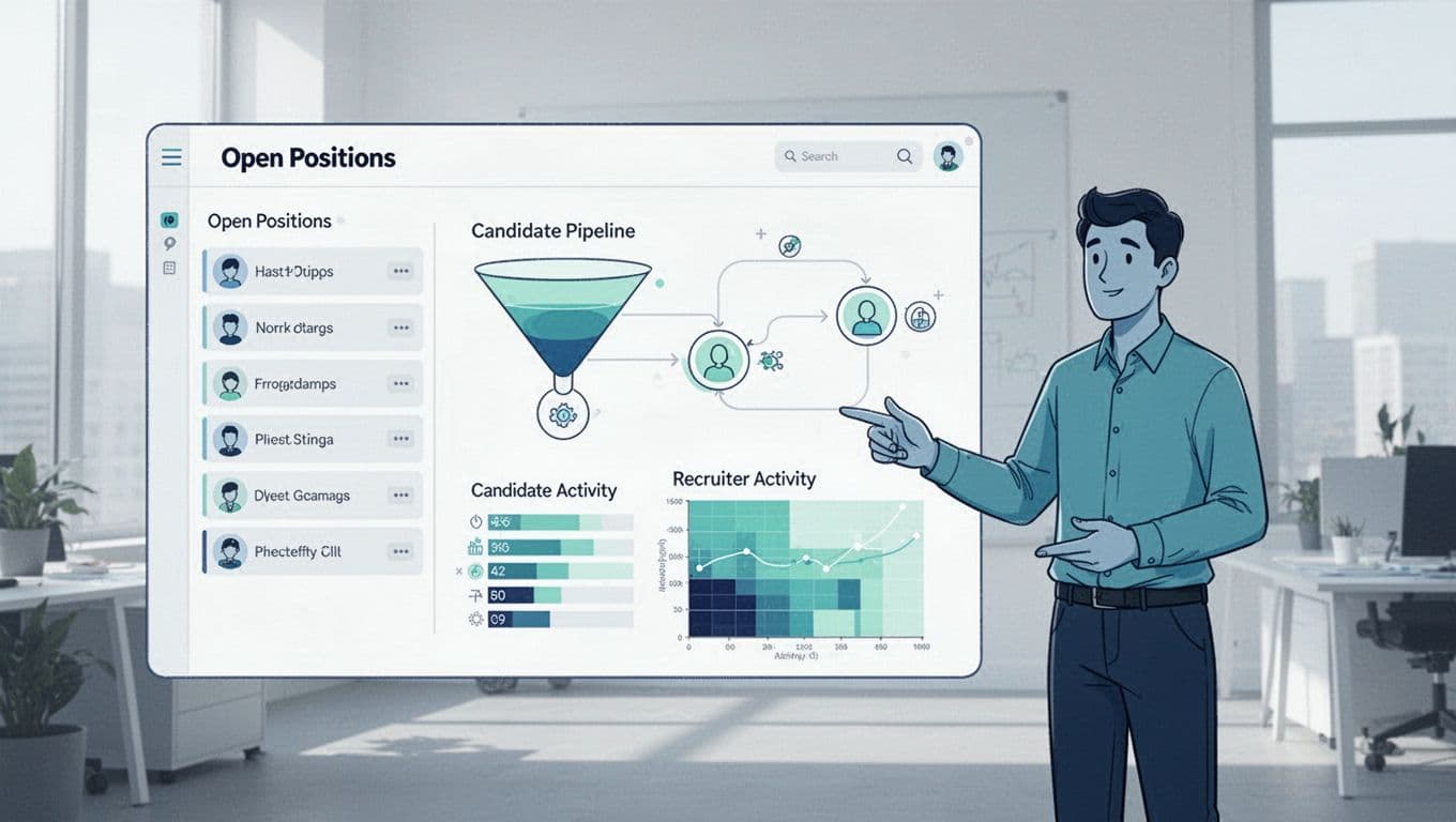 Blue-green illustration of Recruit CRM dashboard showing open roles list, candidate pipeline funnel, and activity heatmap; recruiter points at screen in office.