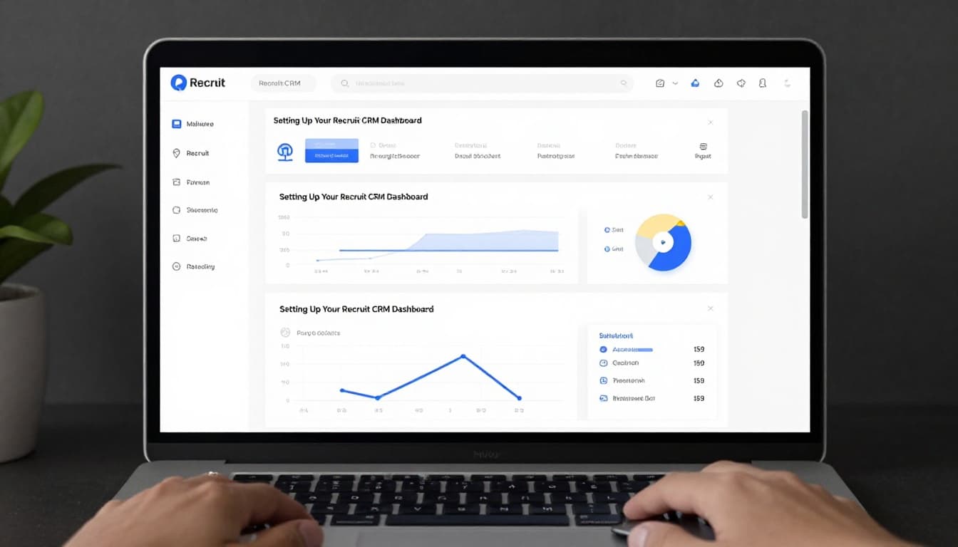 Step-by-step screens of building Recruit CRM dashboard on desktop monitor in minimalist workspace.