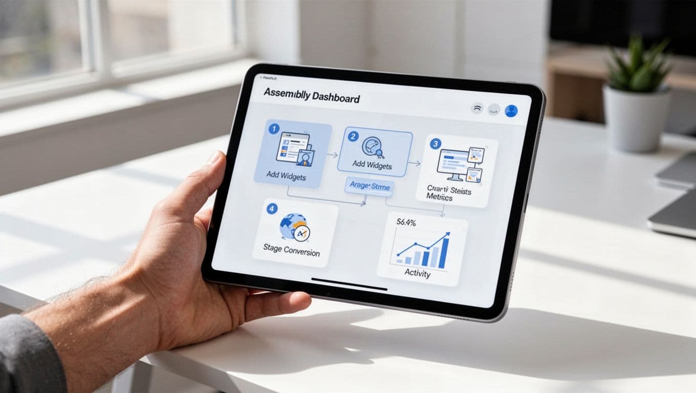 Hand holds tablet showing step-by-step flowchart for building dashboard with widget and metric icons.