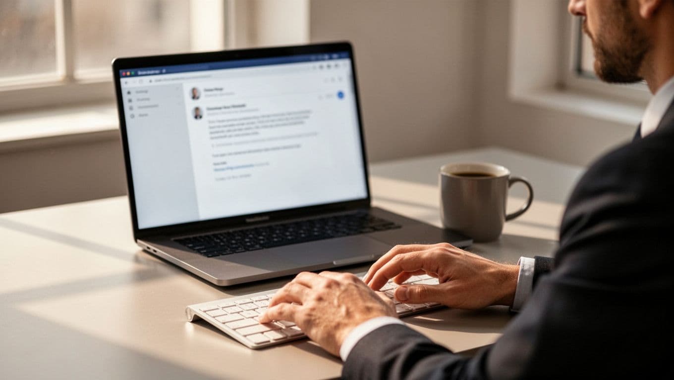 Close-up of Recruit CRM email template editor on laptop screen with blurred rejection draft, hands near keyboard, and coffee mug on desk.