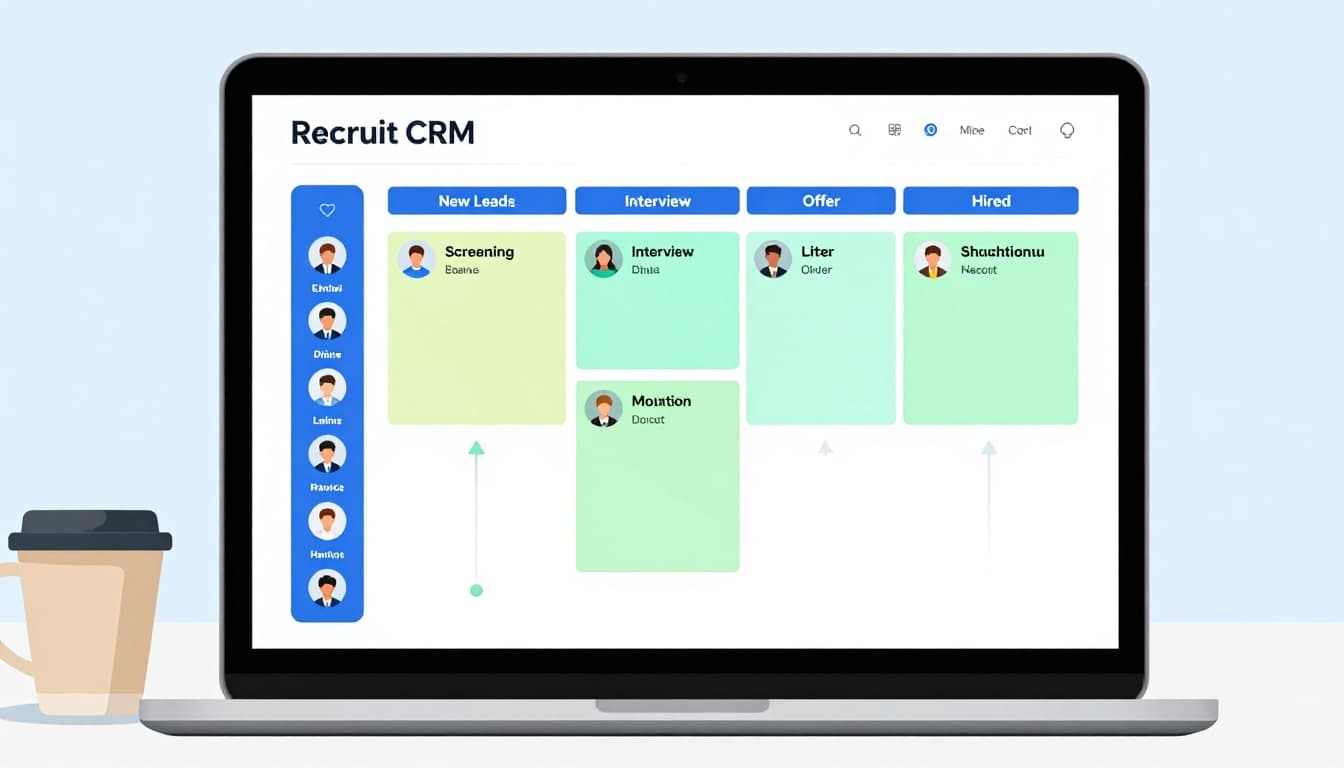 Modern illustration of a laptop screen displaying a Recruit CRM Kanban board with recruitment columns like New Leads, Screening, Interview, Offer, and Hired, including colorful candidate cards and drag-and-drop indicators on a desk with a coffee mug.