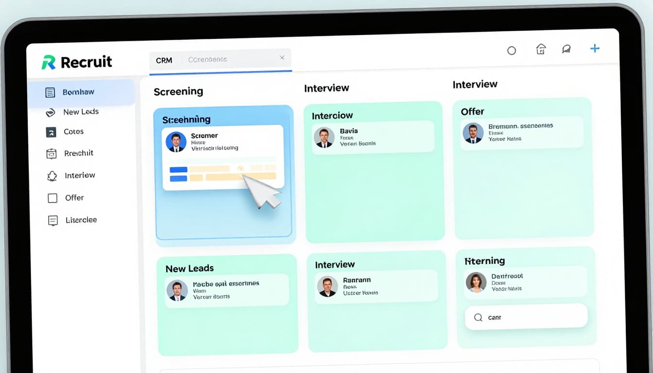 Modern illustration close-up of a computer screen showing Recruit CRM Kanban board with a candidate card dragging from Screening to Interview column using motion blur arrow. Columns include New Leads, Screening, Interview, and Offer, in a clean blue-green palette.