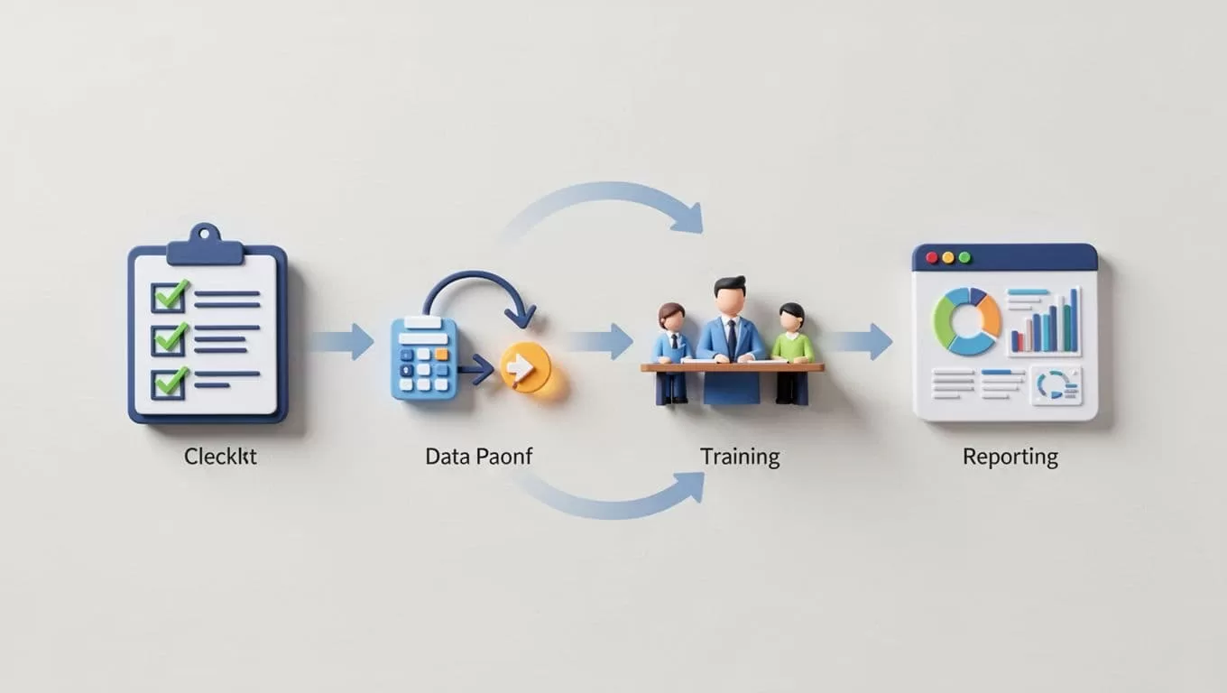 Step-by-step icons for assessment, data import, training, and dashboard connected by arrows on clean background.
