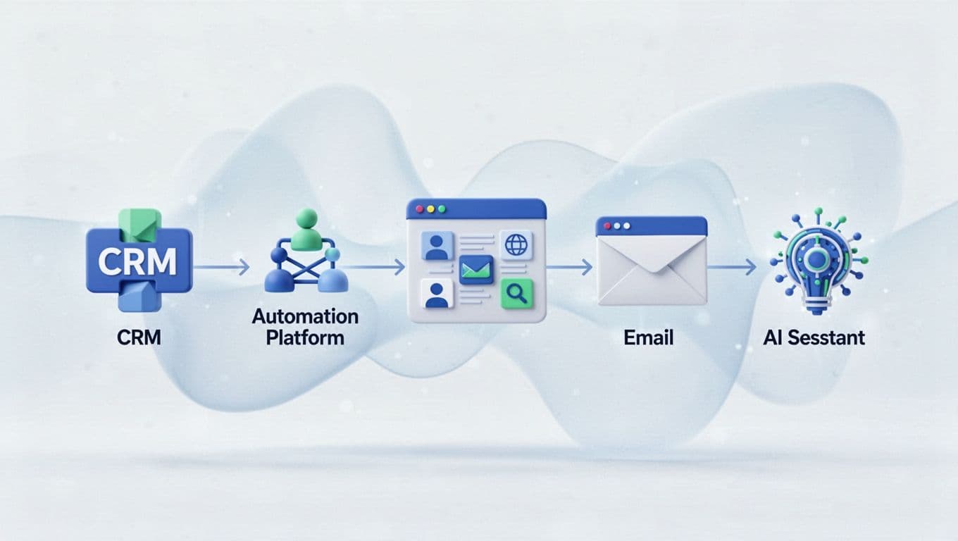 Blue-green flowchart connecting Recruit CRM icons to Zapier, LinkedIn job board, email tool, and AI sourcing on light background.