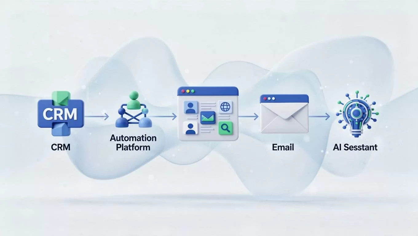 Blue-green flowchart connecting Recruit CRM icons to Zapier, LinkedIn job board, email tool, and AI sourcing on light background.