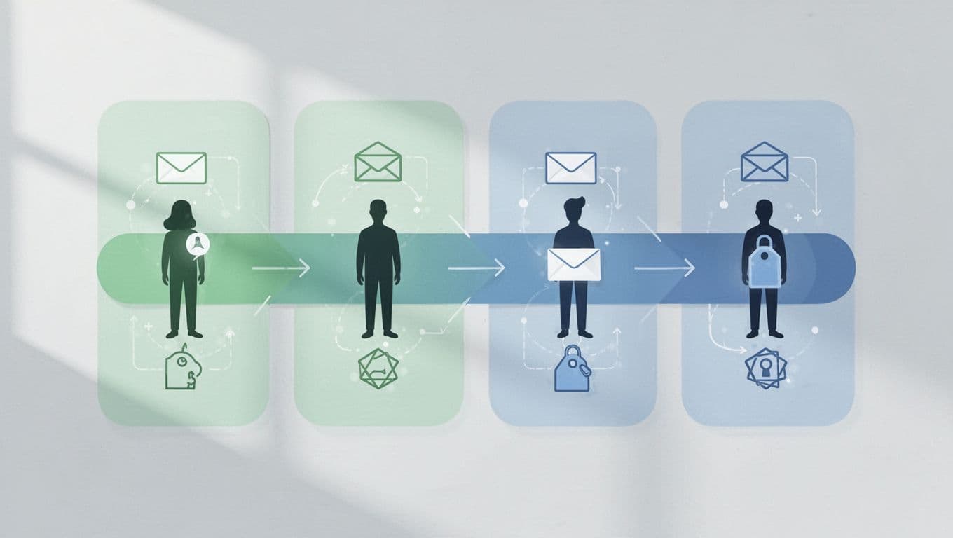 Candidate avatars move across Sourced, Screened, Interviewing, and Offered stages in a dashboard with email and tag automation icons.