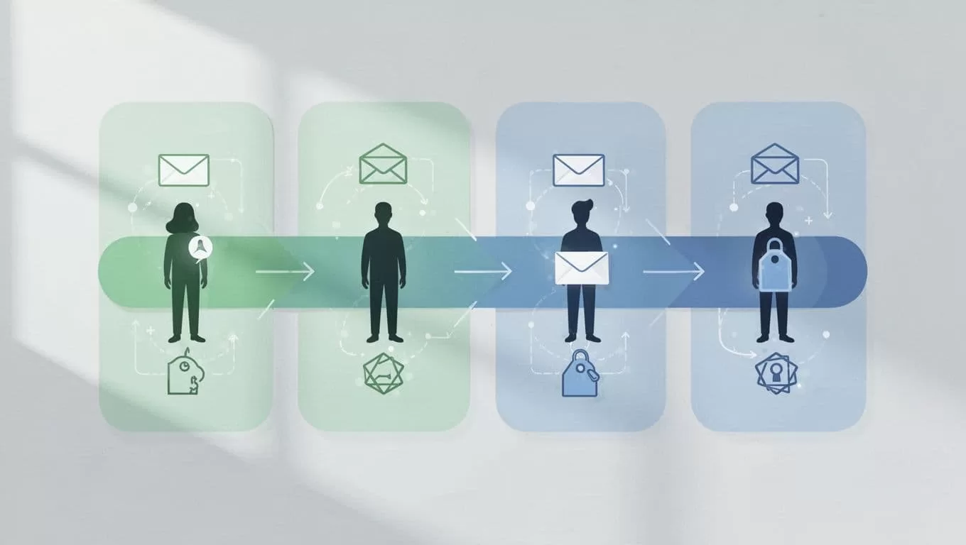 Candidate avatars move across Sourced, Screened, Interviewing, and Offered stages in a dashboard with email and tag automation icons.
