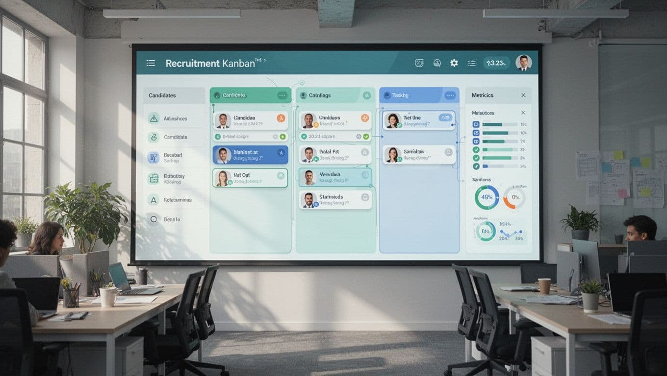 Modern illustration of a team dashboard on Recruit CRM featuring a shared Kanban board for recruitment with candidate cards, task icons, and metrics sidebar in blue-green tones.