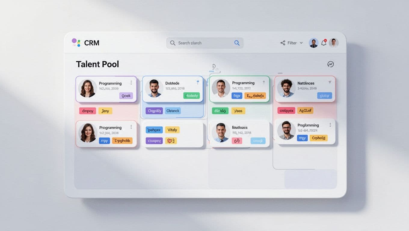 Kanban board dashboard shows talent pools with candidate cards tagged by skills like Python and JavaScript, colorful tags, filters, and search bar.
