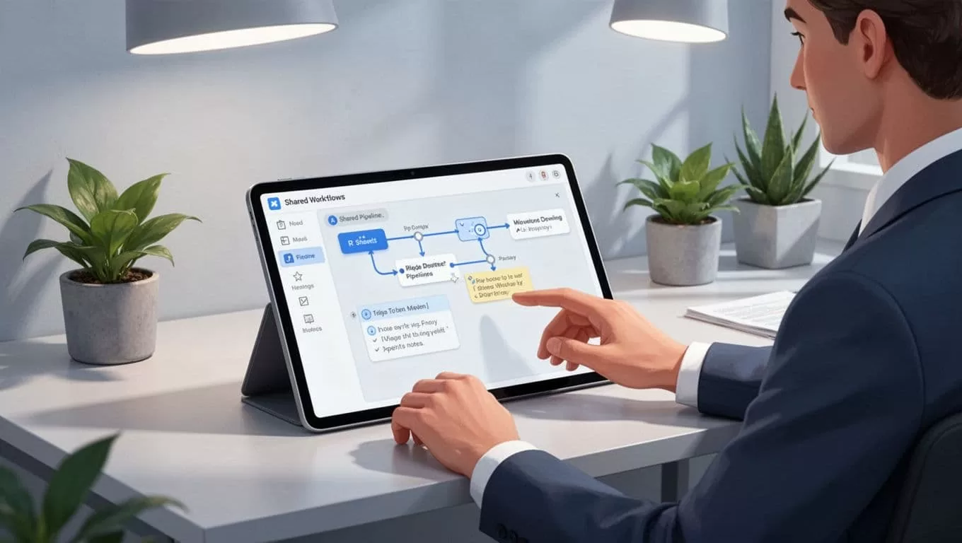 Modern illustration of a recruiter using a tablet with Recruit CRM interface in a contemporary workspace, displaying shared pipeline and notes for team collaboration amid soft lighting and plants.