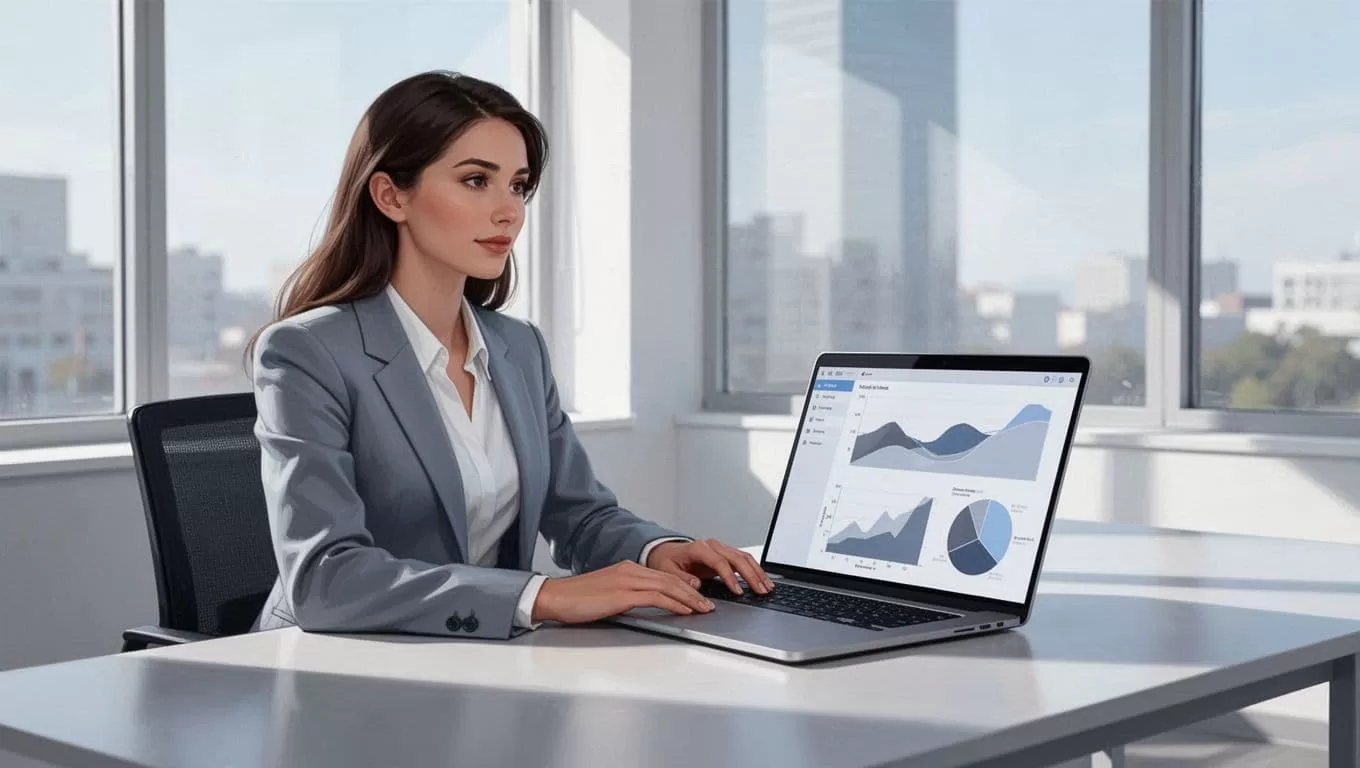 Modern illustration of a recruiter in professional attire at a sleek desk, viewing Recruit CRM dashboard on laptop showing AI candidate sourcing results with listed profiles, thoughtful expression, soft blues grays whites palette, bright office daylight.