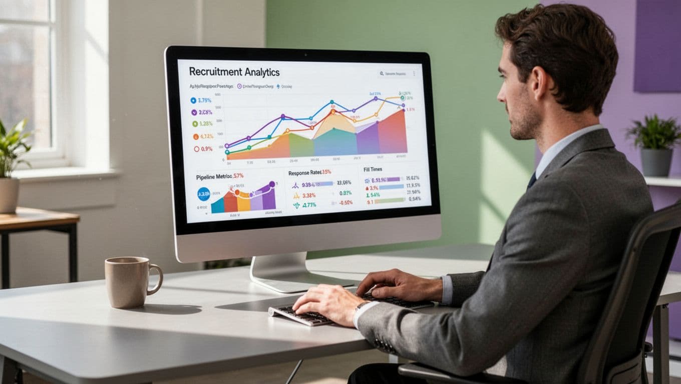 Recruiter at desk views computer screen showing recruitment analytics charts for pipeline metrics, response rates, and fill times.