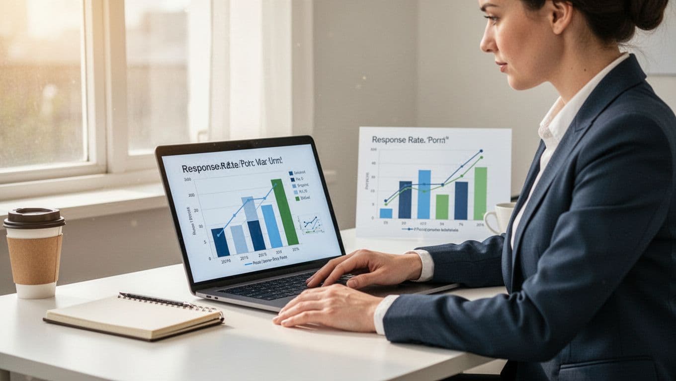 Illustration of a recruiter seated at a tidy desk with notebook and coffee, analyzing candidate engagement analytics on a CRM dashboard shown on a laptop, featuring abstract bar charts and response rate graphs. Modern style with clean shapes, soft blues, greens, whites, and warm window light.