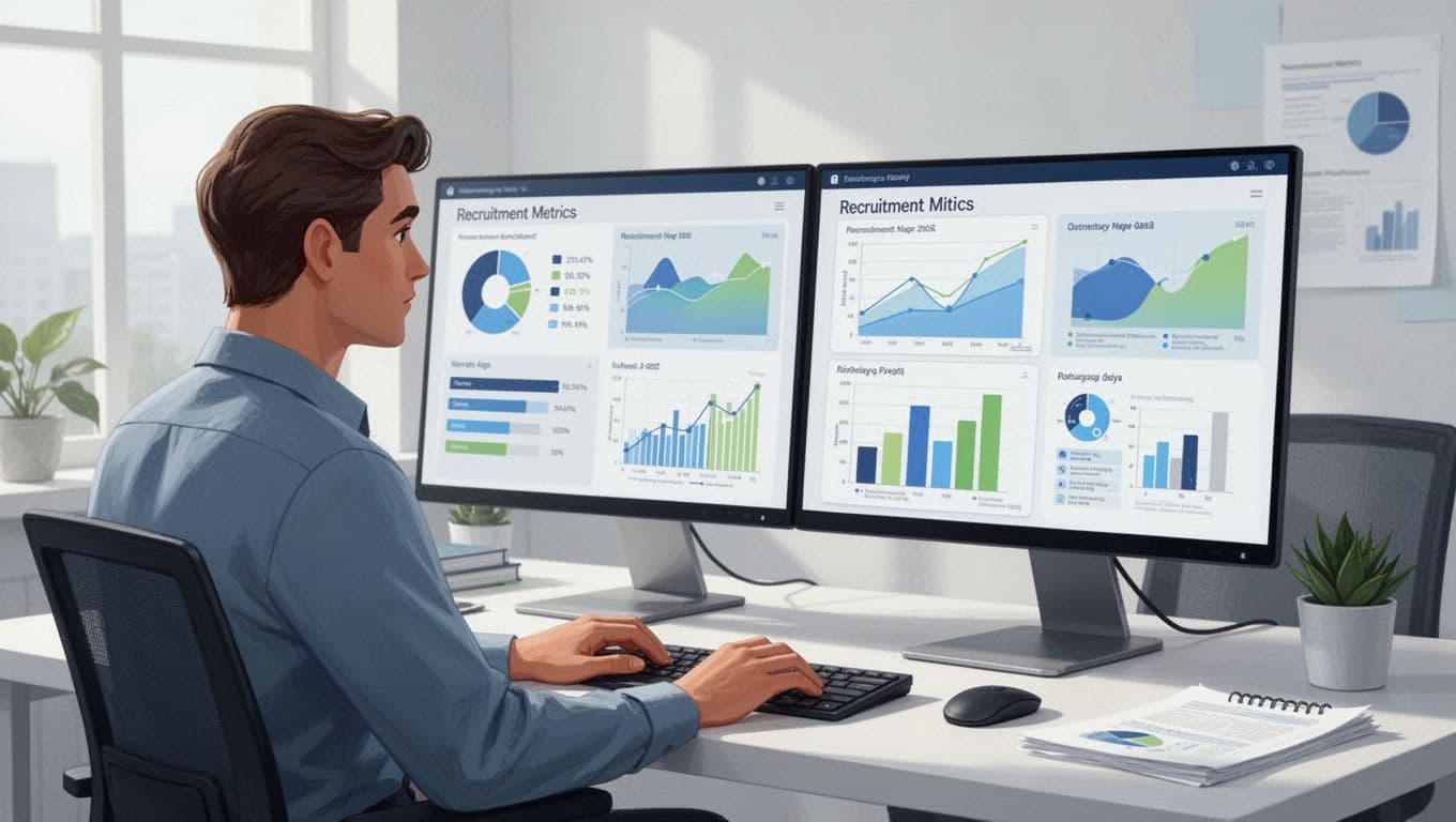 Recruiter at desk analyzes colorful charts and graphs on dual monitors displaying pipeline stages and placement numbers in office.