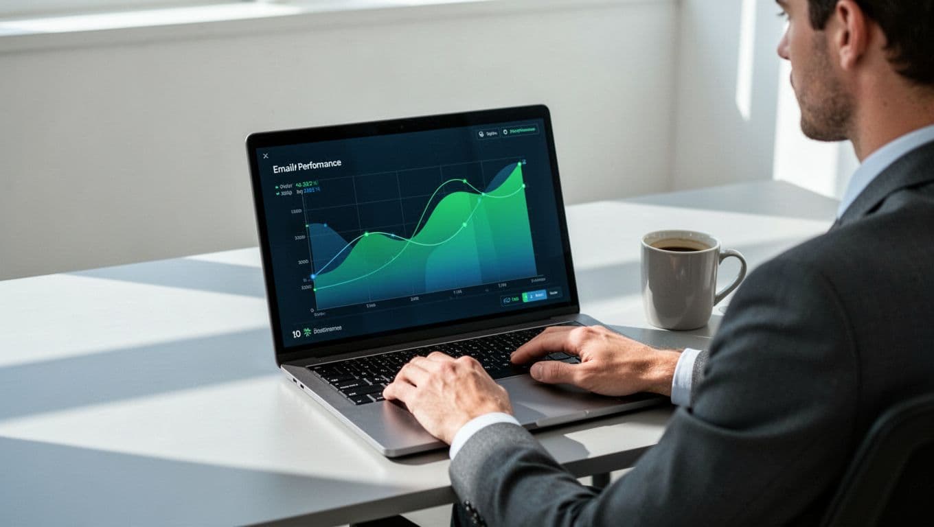 Modern illustration in clean shapes and green-blue palette depicting a recruiter at a desk reviewing laptop charts showing email open rates and response metrics for sequences, with coffee mug in bright workspace focused on dashboard insights.