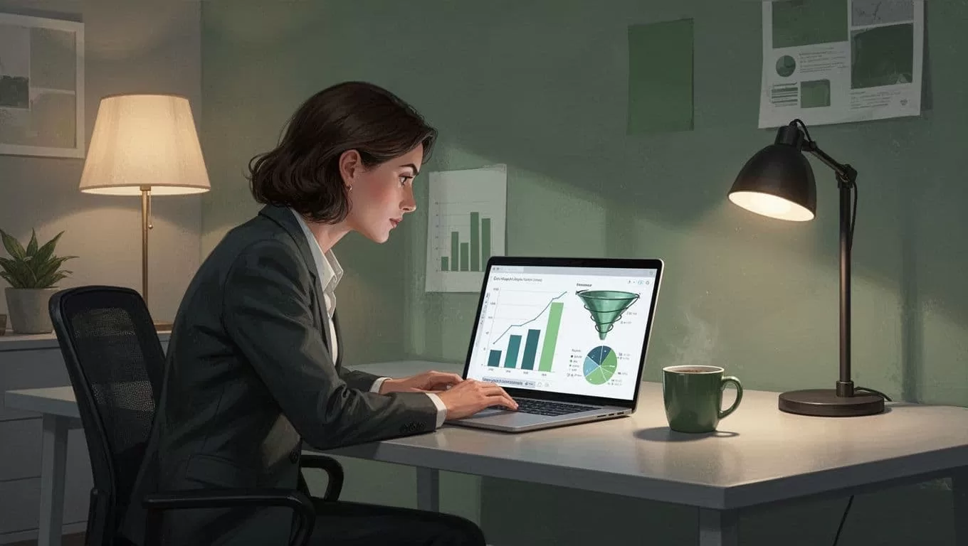 Recruiter leans forward at laptop showing bar graphs and funnels in home office with coffee mug.